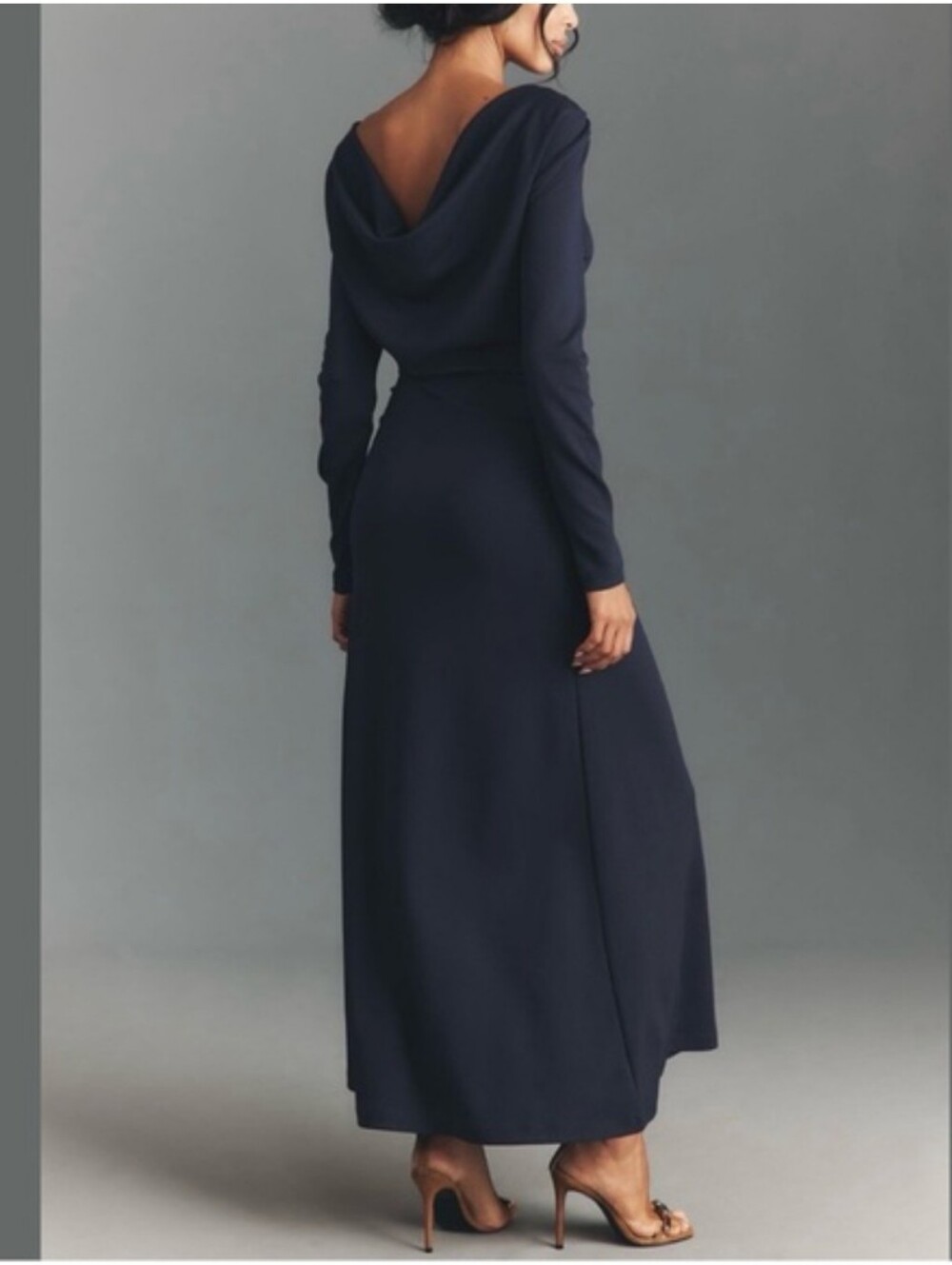 Anthropologie Long-Sleeve Cowl-Back Maxi Dress, Navy Blue, Medium